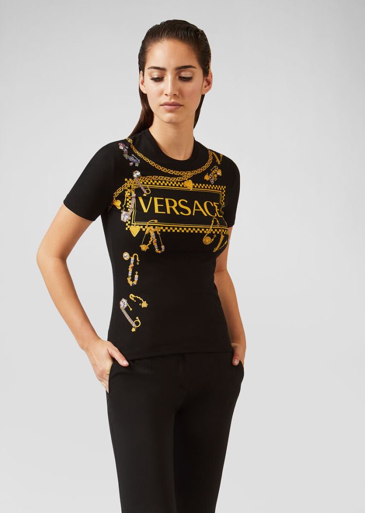 Versace Ασφαλείας Pin Logo T Shirt μπλουζακια γυναικεια μαυρα | MZWJ3UO