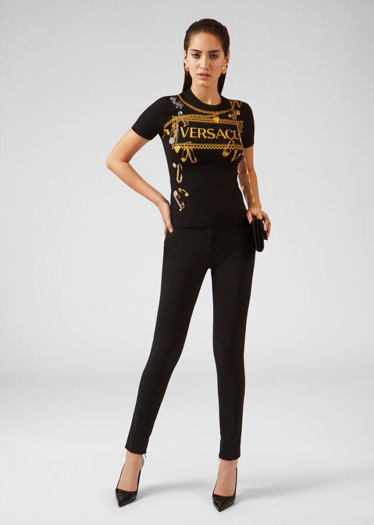 Versace Ασφαλείας Pin Logo T Shirt μπλουζακια γυναικεια μαυρα | MZWJ3UO