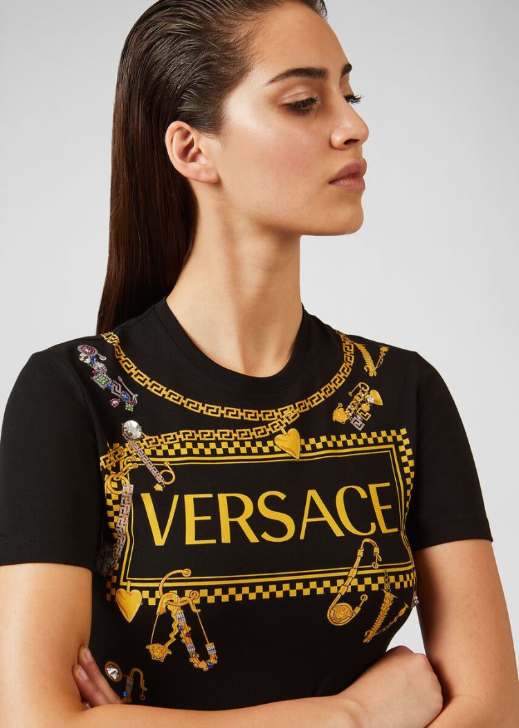 Versace Ασφαλείας Pin Logo T Shirt μπλουζακια γυναικεια μαυρα | MZWJ3UO
