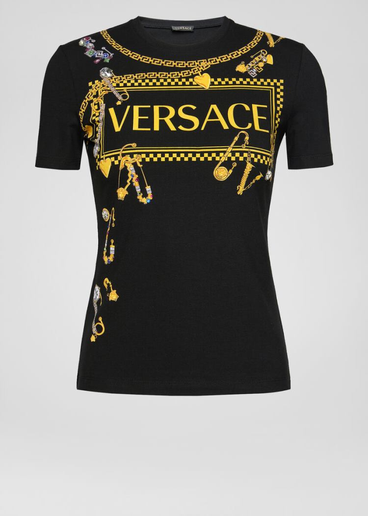 Versace Ασφαλείας Pin Logo T Shirt μπλουζακια γυναικεια μαυρα | MZWJ3UO