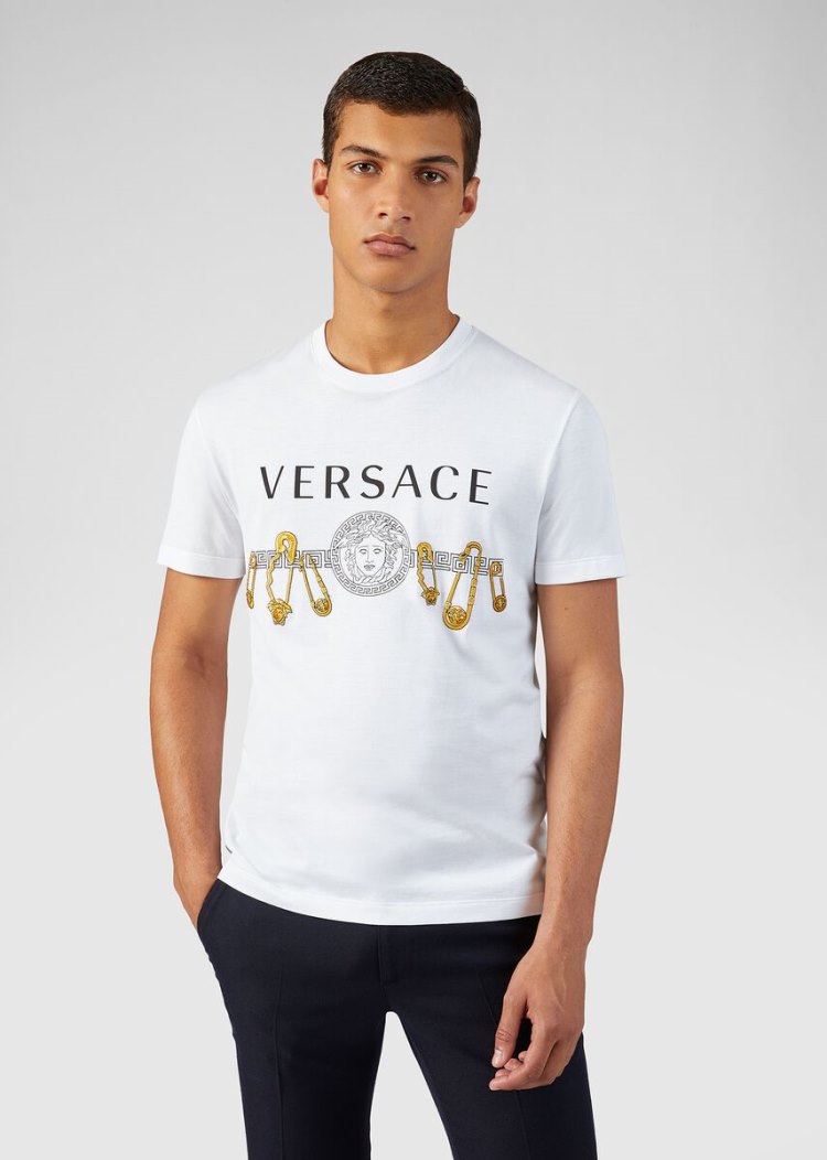 Versace Ασφαλείας Pin Print T Shirt μπλουζακια ανδρικα ασπρα χρυσο χρωμα | 902OW5B