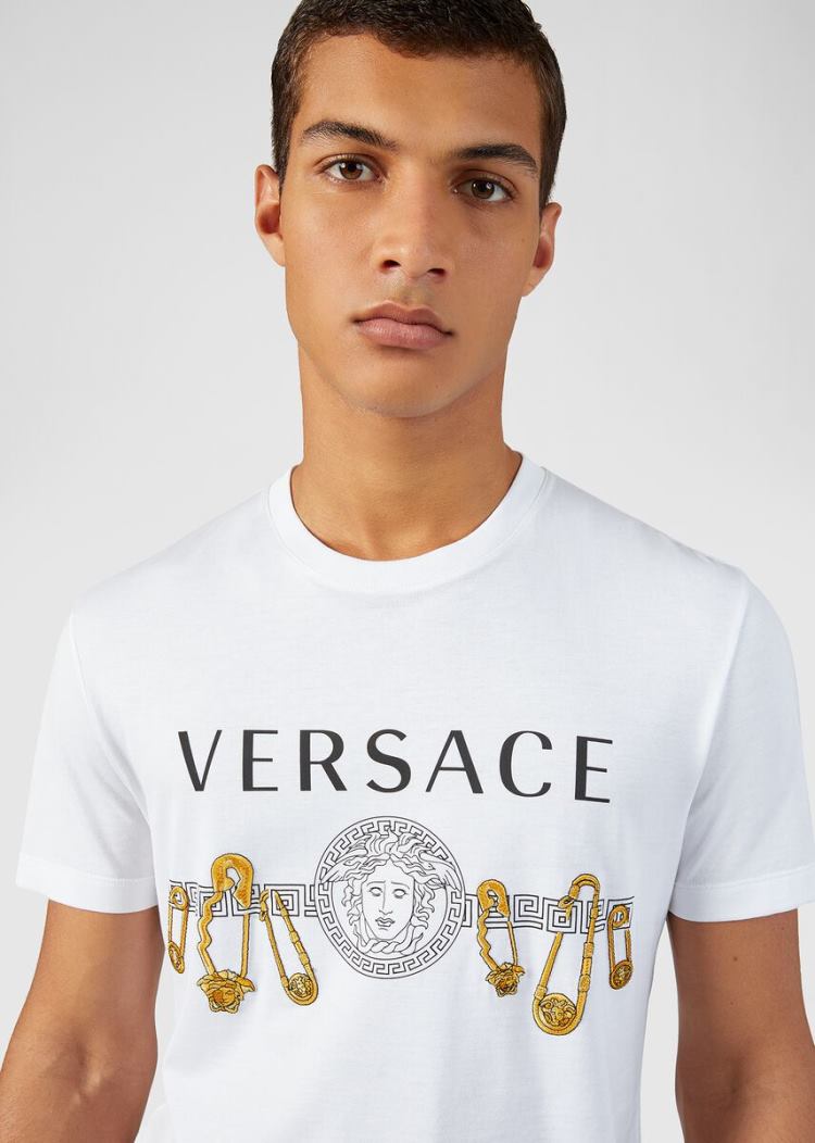 Versace Ασφαλείας Pin Print T Shirt μπλουζακια ανδρικα ασπρα χρυσο χρωμα | 902OW5B
