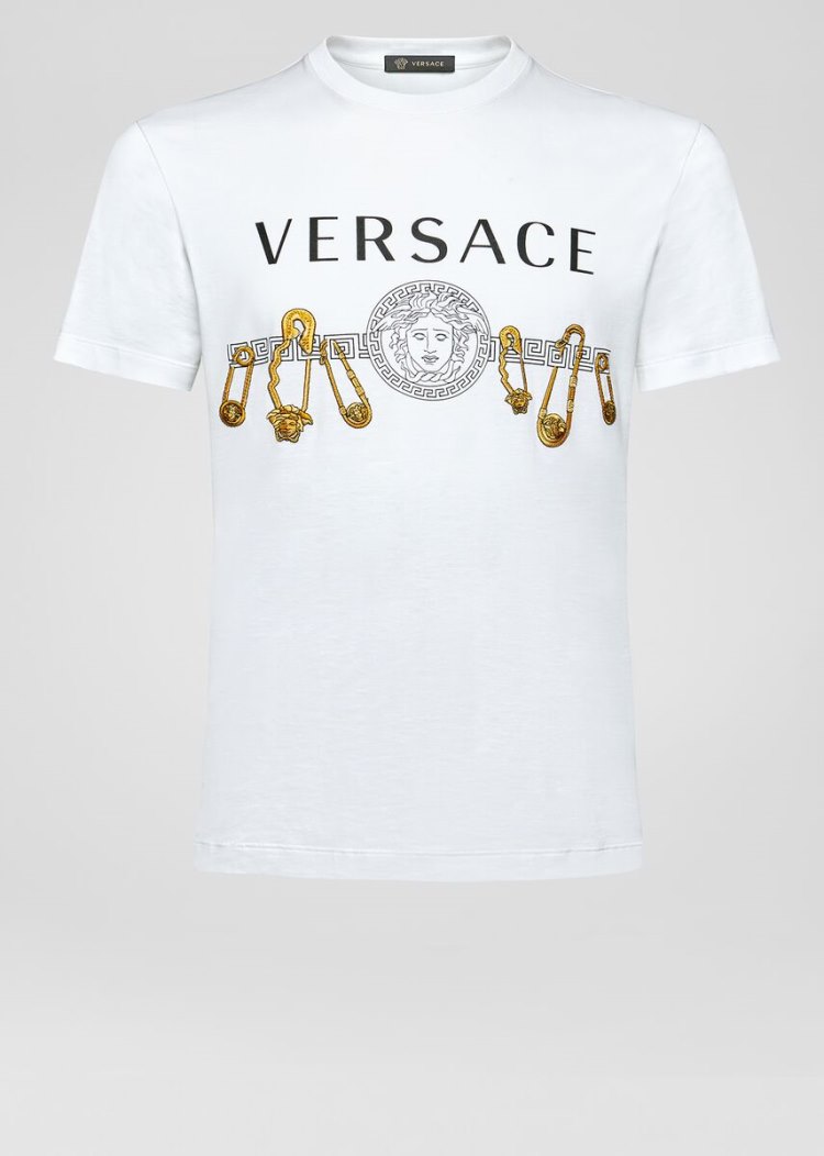 Versace Ασφαλείας Pin Print T Shirt μπλουζακια ανδρικα ασπρα χρυσο χρωμα | 902OW5B