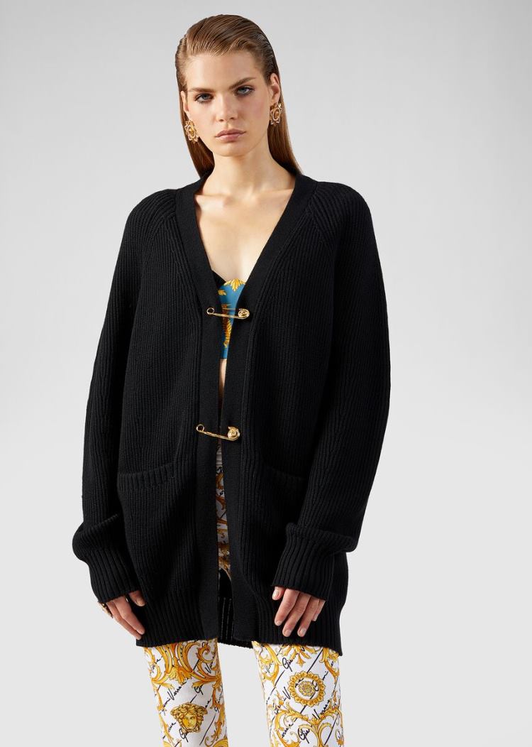 Versace Ασφαλείας Pin Wool Cardigan Πουλόβερ γυναικεια μαυρα | ODPUL71