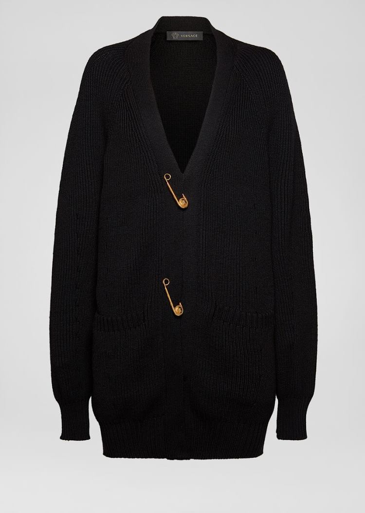 Versace Ασφαλείας Pin Wool Cardigan Πουλόβερ γυναικεια μαυρα | ODPUL71