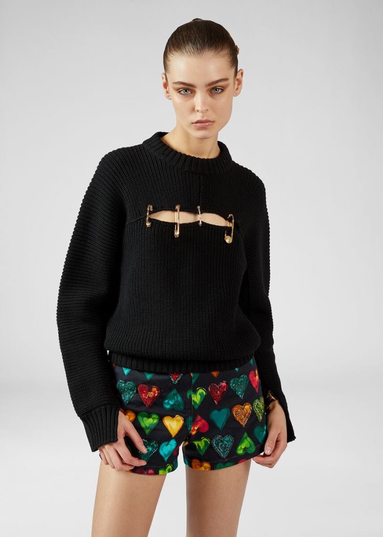 Versace Ασφαλείας Pin Wool πουλοβερ Πουλόβερ γυναικεια μαυρα | G6IZCSD