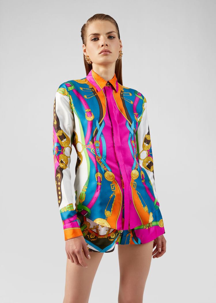 Versace Μπλούζες Barocco Rodeo Print Slim Fit Silk Shirt πουκαμισα γυναικεια Πολύχρωμο | I0D8B01