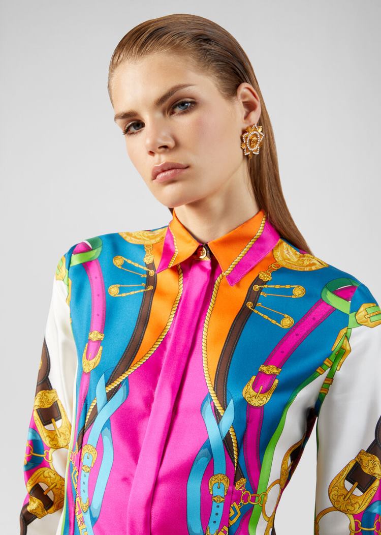 Versace Μπλούζες Barocco Rodeo Print Slim Fit Silk Shirt πουκαμισα γυναικεια Πολύχρωμο | I0D8B01