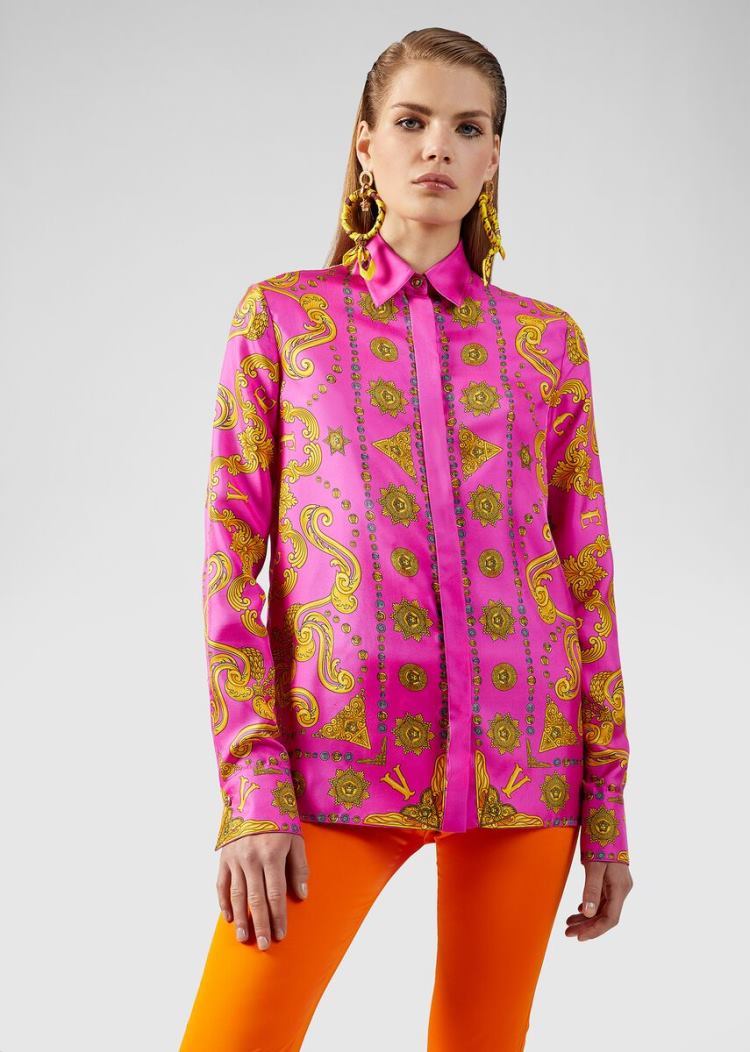 Versace Μπλούζες Barocco Western Print Silk Shirt πουκαμισα γυναικεια φουξια ροζ | 0B09JIP