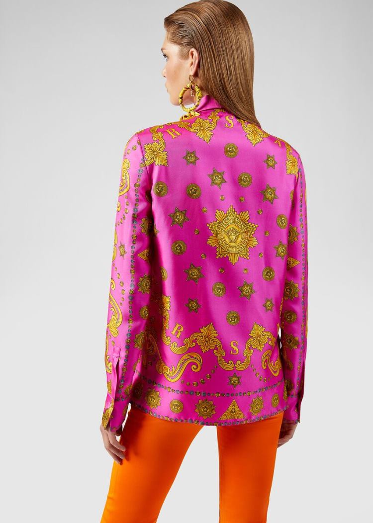 Versace Μπλούζες Barocco Western Print Silk Shirt πουκαμισα γυναικεια φουξια ροζ | 0B09JIP