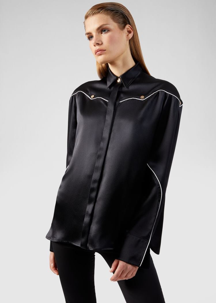 Versace Μπλούζες Medusa Accent Silk Satin Shirt πουκαμισα γυναικεια μαυρα | JD8XFY8