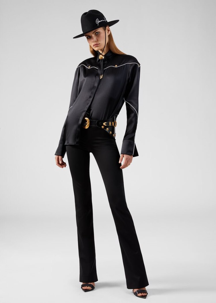 Versace Μπλούζες Medusa Accent Silk Satin Shirt πουκαμισα γυναικεια μαυρα | JD8XFY8