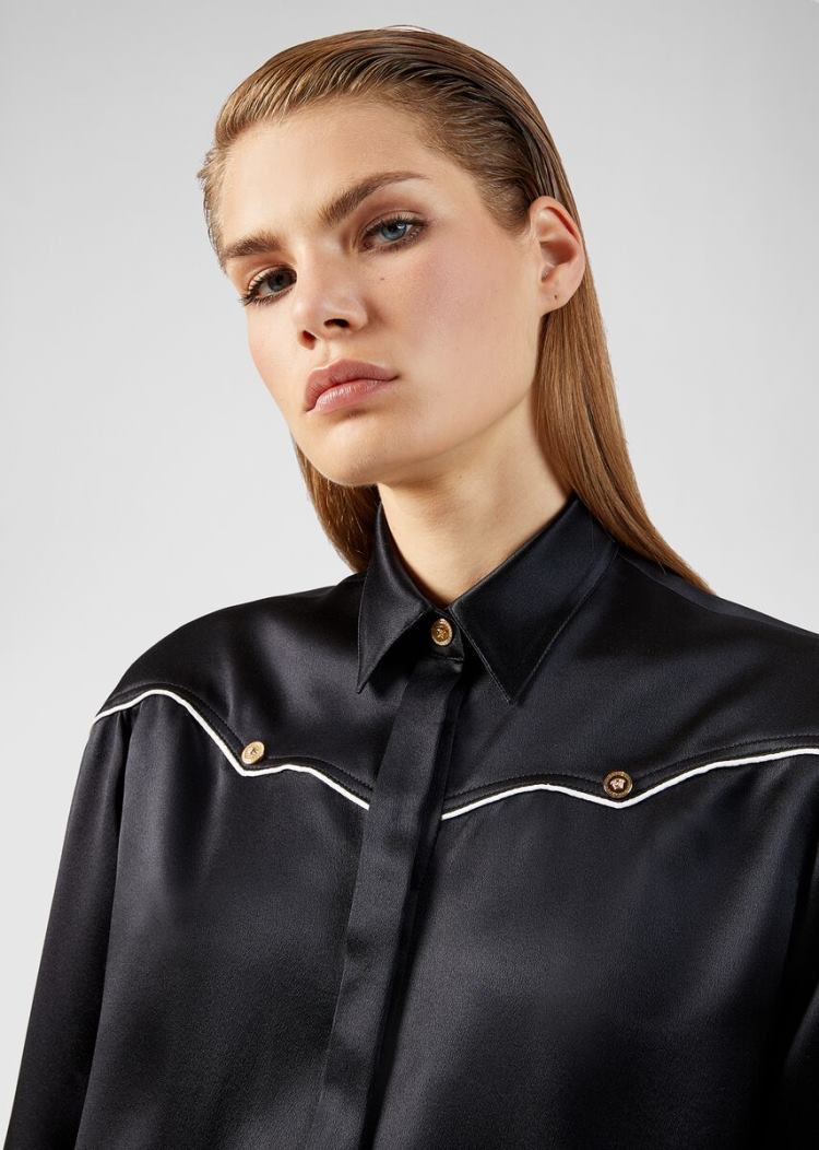 Versace Μπλούζες Medusa Accent Silk Satin Shirt πουκαμισα γυναικεια μαυρα | JD8XFY8