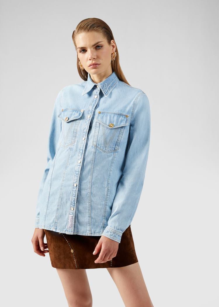 Versace Μπλούζες Signature Denim Shirt πουκαμισα γυναικεια ανοιχτο μπλε | 1UVWH9E