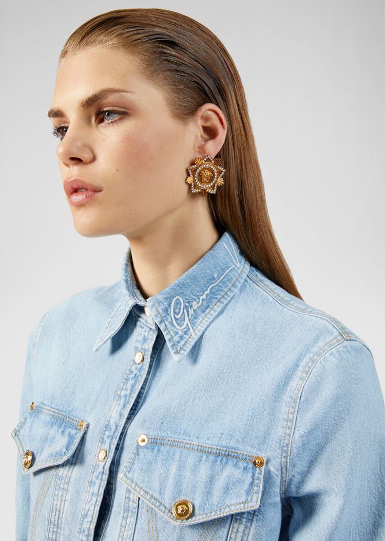 Versace Μπλούζες Signature Denim Shirt πουκαμισα γυναικεια ανοιχτο μπλε | 1UVWH9E