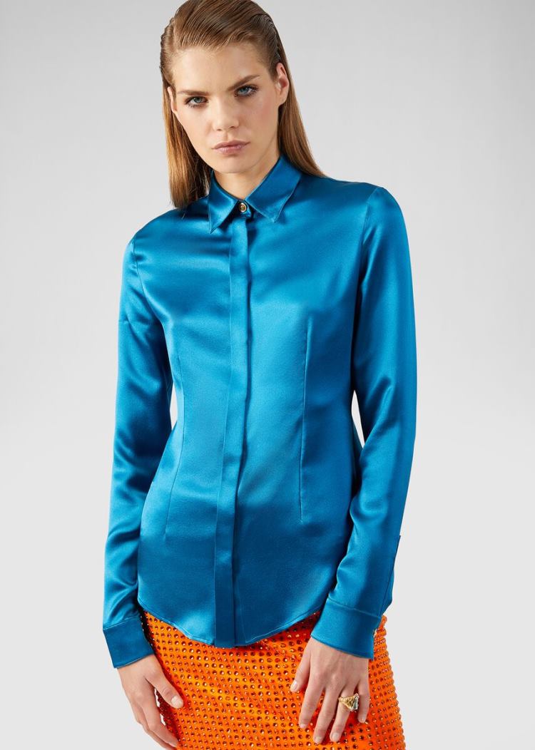 Versace Μπλούζες Silk Satin Shirt πουκαμισα γυναικεια μπλε | A7YBU14