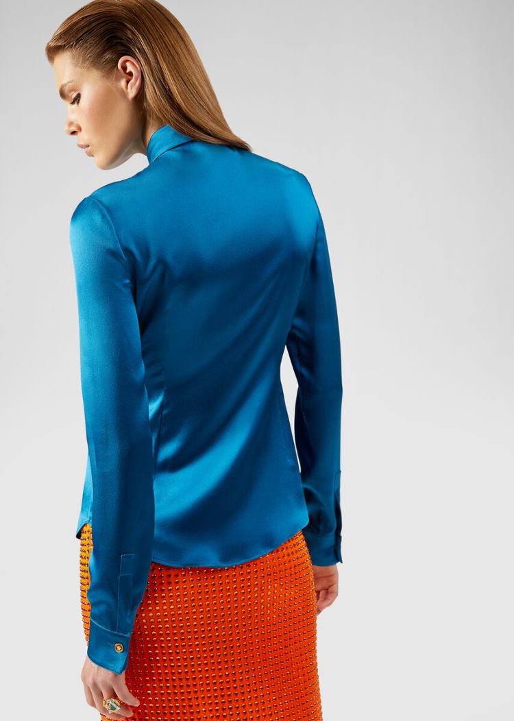 Versace Μπλούζες Silk Satin Shirt πουκαμισα γυναικεια μπλε | A7YBU14