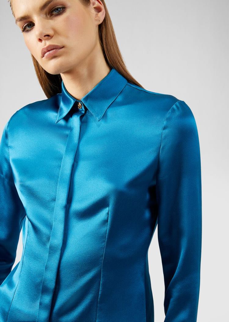 Versace Μπλούζες Silk Satin Shirt πουκαμισα γυναικεια μπλε | A7YBU14