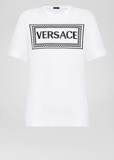 Versace 90s Vintage Logo T Shirt μπλουζακια γυναικεια ασπρα μαυρα | CQPDBDE
