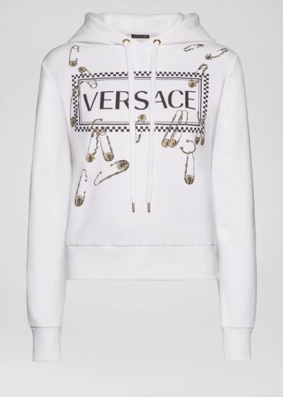 Versace 90s Vintage Logo Ασφαλείας Pin Hoodie Φούτερ γυναικεια ασπρα | WJDGNZ4