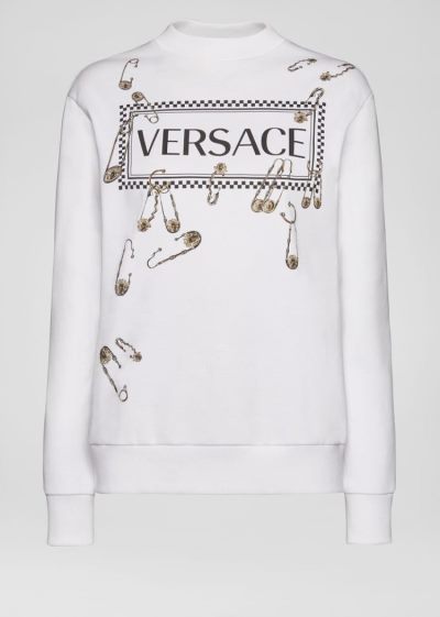 Versace 90s Vintage Logo Ασφαλείας Pin Sweatshirt Φούτερ γυναικεια ασπρα | 61O69P6