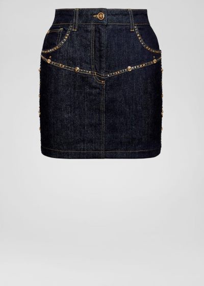 Versace Denim Embellished Denim Mini Skirt φουστεσ γυναικεια μπλε | F1AXG8O