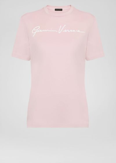 Versace Embroidered GV Signature T Shirt μπλουζακια γυναικεια ροζ | DS06RF8