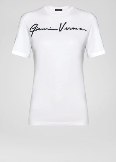 Versace Embroidered GV Signature T Shirt μπλουζακια γυναικεια ασπρα μαυρα | L8MXDZC