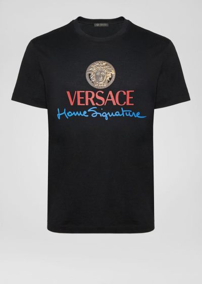 Versace Home Signature Logo T Shirt μπλουζακια ανδρικα μαυρα | 4MC7Q0K