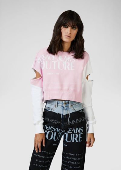 Versace Jeans Couture Etichetta Print Cropped Sweatshirt Φούτερ Jeans Couture ροζ | 44WJ7PW