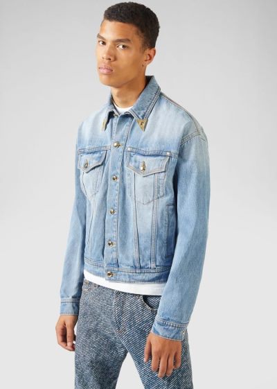 Versace Jeans Couture Heritage Gold Metal Tips Denim Jacket μπουφαν Jeans Couture μπλε | TKE44XJ