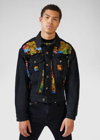Versace Jeans Couture Tropical Baroque Insert Denim Jacket μπουφαν Jeans Couture μαυρα | 7CQNWLJ