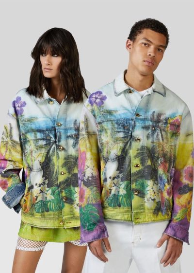Versace Jeans Couture Tropical Parrots Print Denim Jacket μπουφαν Jeans Couture μπλε | H50QYXP
