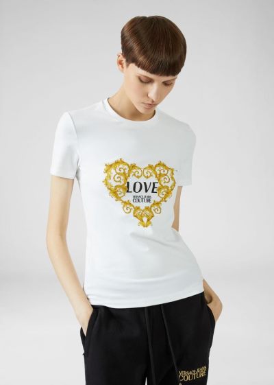 Versace Jeans Couture Valentine's Day Logo T Shirt μπλουζακια Jeans Couture ασπρα | 0ZF8XY1