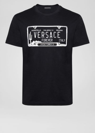 Versace License Plate Logo T Shirt μπλουζακια ανδρικα μαυρα | 812Q9RP