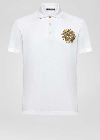 Versace Medusa Embroidered Polo Shirt μπλουζακια πολο ανδρικα ασπρα χρυσο χρωμα | NFJA1JL