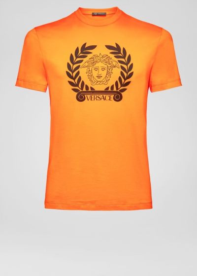 Versace Medusa Print T Shirt μπλουζακια ανδρικα πορτοκαλι | C3U9IS7