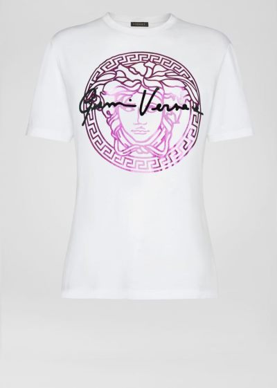 Versace Medusa Signature Motif T Shirt μπλουζακια γυναικεια ασπρα μωβ | 9D9T7GH