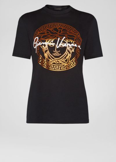 Versace Medusa Signature Motif T Shirt μπλουζακια γυναικεια μαυρα χρυσο χρωμα | ZENB4PQ
