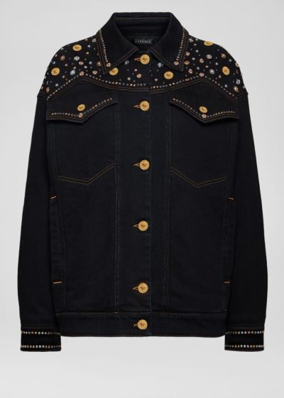 Versace Studded Denim Jacket μπουφαν γυναικεια μαυρα | 0SSL6JO