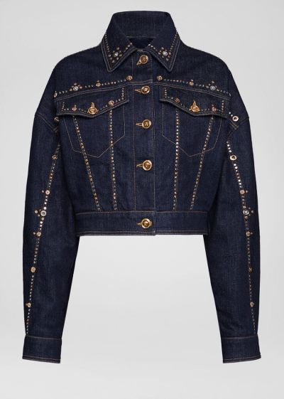 Versace Studded Denim Jacket μπουφαν γυναικεια μπλε | KS3SBUT