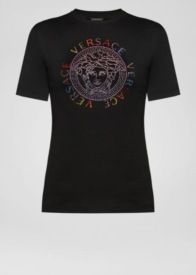Versace Studded Medusa Logo T Shirt μπλουζακια γυναικεια μαυρα | AUMMG87