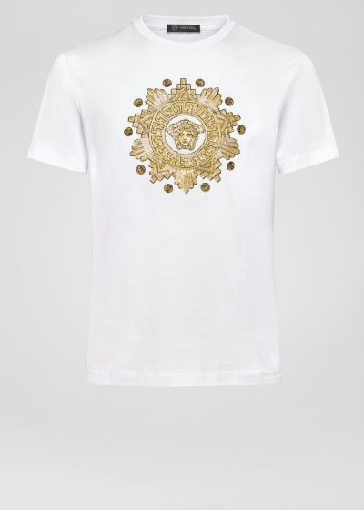 Versace Studded Medusa Western T Shirt μπλουζακια ανδρικα ασπρα χρυσο χρωμα | 99TJBD9