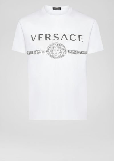 Versace Sustainable Logo Slim Fit T Shirt μπλουζακια ανδρικα ασπρα | 7BPMROZ