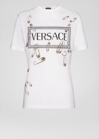 Versace Sustainable Ασφαλείας Pin Logo T Shirt μπλουζακια γυναικεια ασπρα | VWRPOZG