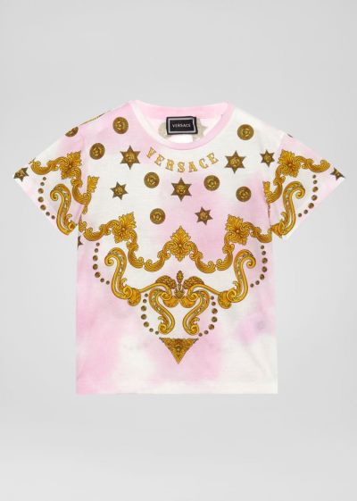 Versace Young Tie-Dye Barocco Western Print T Shirt μπλουζακια παιδικα ροζ | AI14T2H