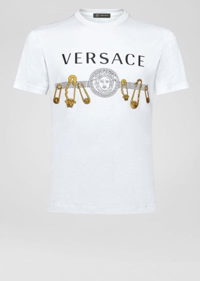 Versace Ασφαλείας Pin Print T Shirt μπλουζακια ανδρικα ασπρα χρυσο χρωμα | 902OW5B
