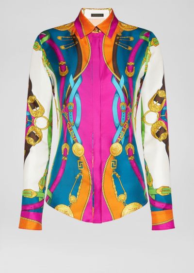 Versace Μπλούζες Barocco Rodeo Print Slim Fit Silk Shirt πουκαμισα γυναικεια Πολύχρωμο | I0D8B01