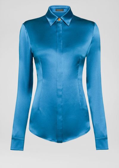 Versace Μπλούζες Silk Satin Shirt πουκαμισα γυναικεια μπλε | A7YBU14